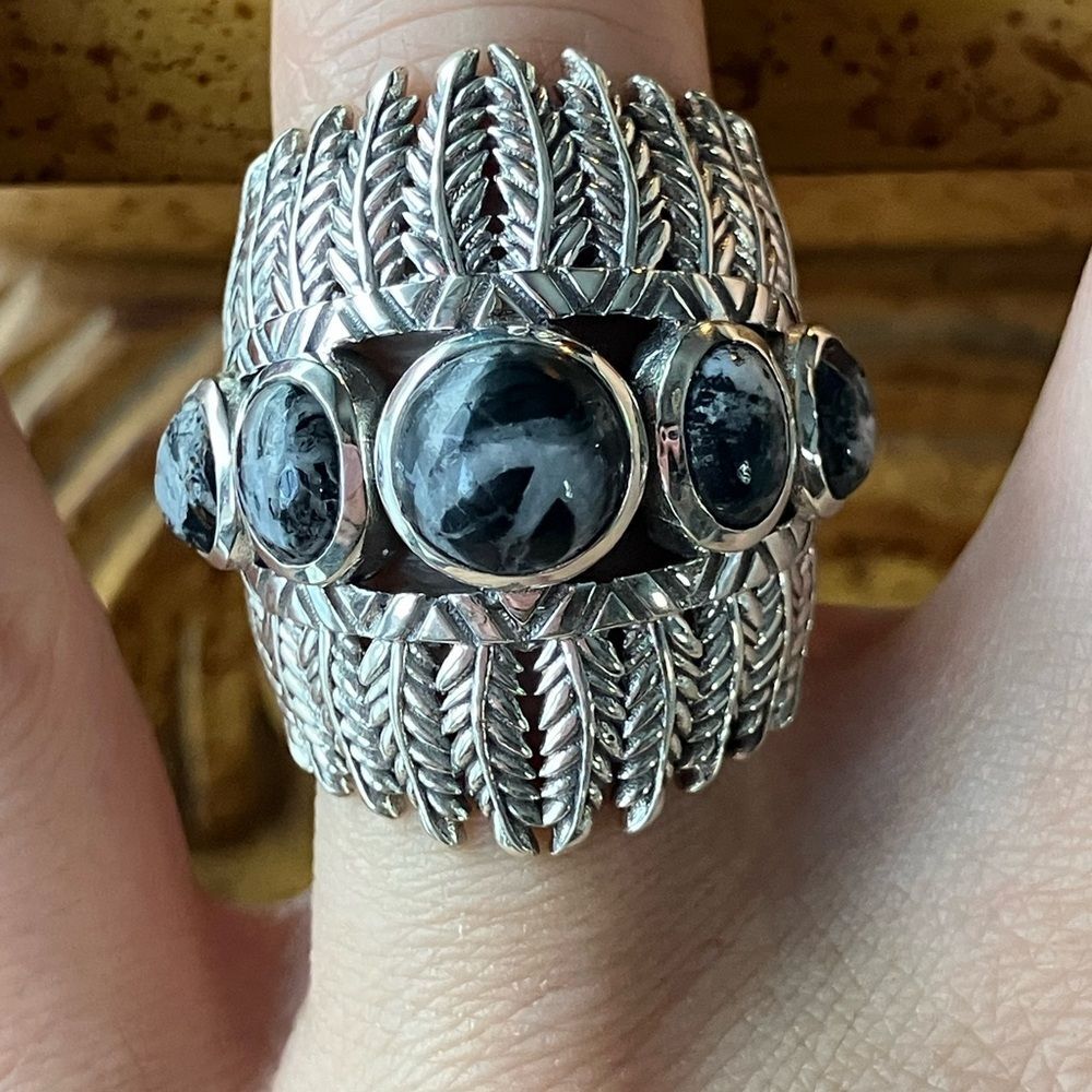 White Buffalo Turquoise Sterling Silver Feather Ring Size 6